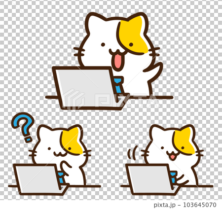パソコン仕事をするかわいいねこのキャラクターのイラストセット 103645070