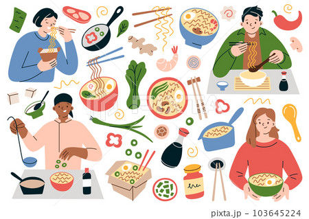 Ramen hand drawn collection, bowls with asian noodles, people eating noodle soup with chopsticks, chinese noodles in box container, korean and japanese food, cooking ramen, flat vector illustrations 103645224
