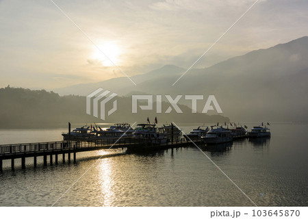 Sunrise view of yacht Marina in Sun Moon Lake, Nantou, Taiwan. it's a famous attraction in Taiwan. 103645870