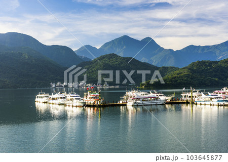 The scenery of the Yacht Marina at Sun Moon Lake in the morning is a famous attraction in Nantou, Taiwan. 103645877