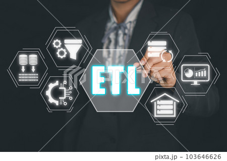 ETL, extract transform load concept, Person hand touching extract transform load icon on virtual screen. 103646626