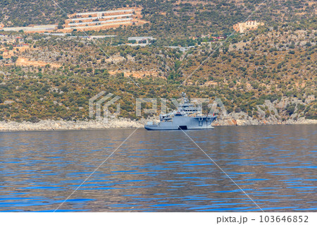 Turkish navy warship sailing in the Mediterranean sea. Protection of water borders of Turkey 103646852
