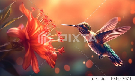 Hummingbird with bloom in forest. Colibri flying in the nature tropical flower. Ai Generative 103647671