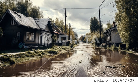 flood flood the river overflowed its banks. Natural disaster houses flooded with water. AI Generative flood flood the river overflowed its banks. Natural disaster houses flooded with water. AI Generative 103647707