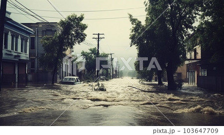 flood flood the river overflowed its banks. Natural disaster houses flooded with water. AI Generative flood flood the river overflowed its banks. Natural disaster houses flooded with water. AI Generative 103647709