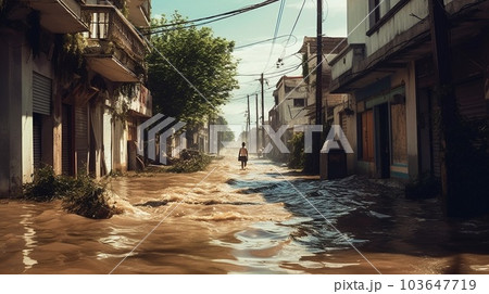 flood flood the river overflowed its banks. Natural disaster houses flooded with water. AI Generative 103647719