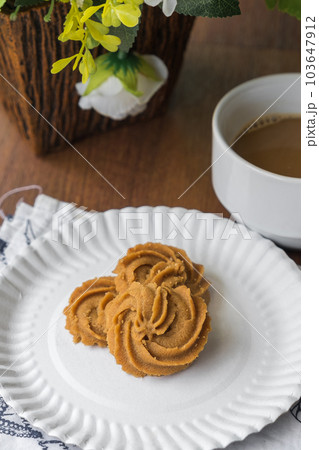 Fresh Homemade Cookie on the Table, Traditional Crispy Crunchy Snack with Coffee 103647912