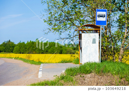 An empty bus stop with blue road sign on a sunny day 103649218