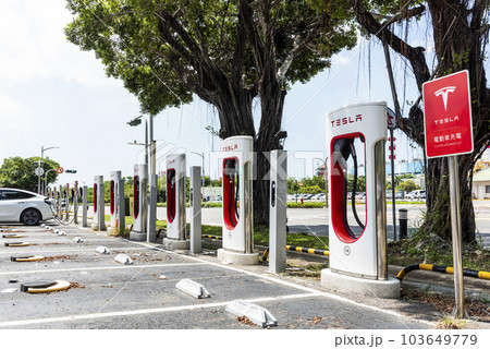 Close-up of Tesla electric car charging station in Taiwan. 103649779