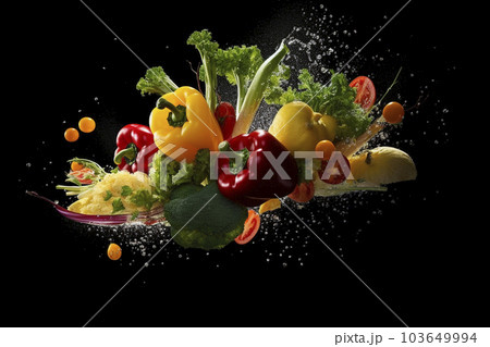 黒色の背景に新鮮な野菜が水しぶきあげて飛び跳ねる「AI生成画像」 103649994