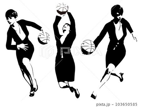 スーツ姿の女性がバスケットボールをしているシルエットのイラストセット 103650585