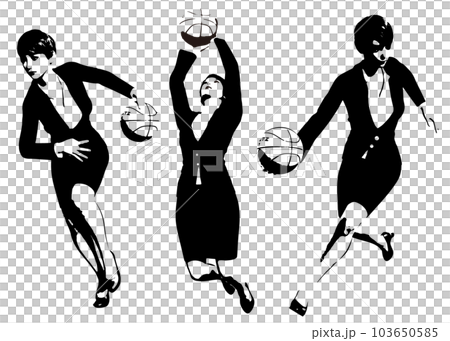 スーツ姿の女性がバスケットボールをしているシルエットのイラストセット 103650585