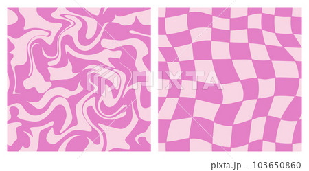 1970 Trippy Grid and Wavy Swirl Seamless Pattern Pack in Pink Color. Hand-Drawn Vector Illustration. Seventies Style, Groovy Background, Wallpaper, Print. Flat Design, Hippie Aesthetic. 103650860