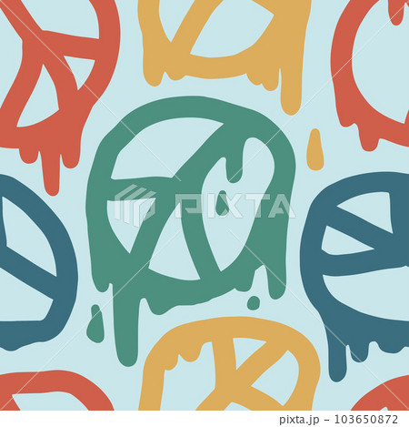 1970 Liquid Peace Seamless Pattern in Rainbow Colour. Seventies Style, Psychedelic Print, Wallpaper. Hippie Aesthetic. Hand-Drawn Vector Illustration. Graphic Cover, T-shirt, Sticker, Social media. 103650872