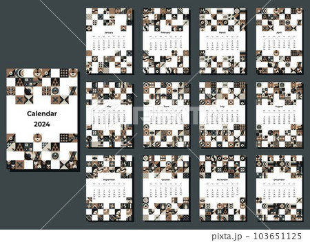 Calendar 2024 geometric patterns. Monthly calendar template for 2024 year with geometric shapes. 103651125