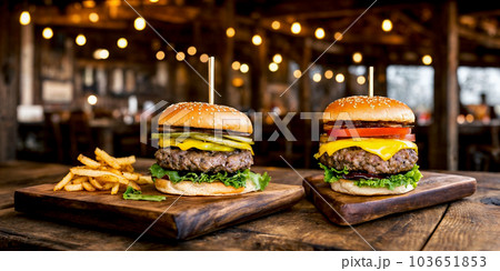 Two juicy cheeseburgers close-up on a wooden table on a kitchen board against a background of a blurred rustic restaurant with dim lighting. Generative AI. Two juicy cheeseburgers close-up on a wooden table on a kitchen board against a background of a blurred rustic restaurant with dim lighting. Generative AI. 103651853