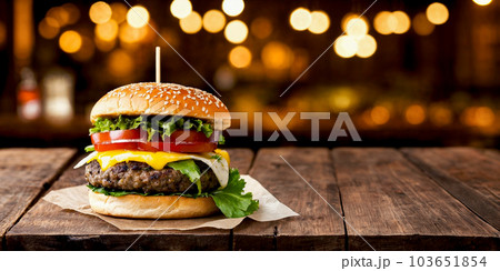 Close-up of a juicy cheeseburger on a wooden table on a kitchen board against a background of a blurred rustic restaurant with dim lighting. Copy space for advertising text. Generative AI. Close-up of a juicy cheeseburger on a wooden table on a kitchen board against a background of a blurred rustic restaurant with dim lighting. Copy space for advertising text. Generative AI. 103651854