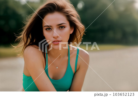 Close-up portrait of pretty cute girl in freckles with messy dark wavy hair  in tank top outdoors. Generative AI. Stock Illustration