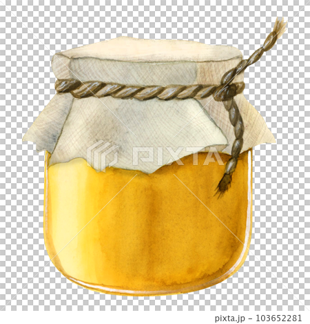 Honey jar watercolor illustration isolated on white background. Yellow glass pot with linen cloth cap and rope realistic clipart of natural organic healthy food, Rosh Hashanah designs Honey jar watercolor illustration isolated on white background. Yellow glass pot with linen cloth cap and rope realistic clipart of natural organic healthy food, Rosh Hashanah designs 103652281