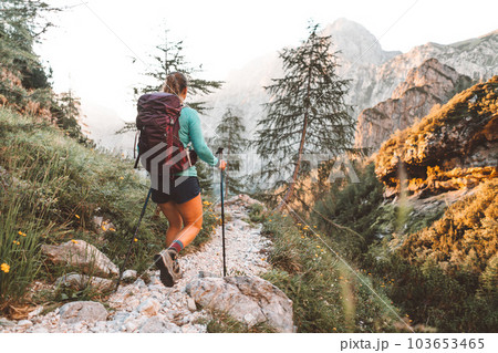 Back view of female backpacker on a rocky trail up in the Alps at sunrise  103653465