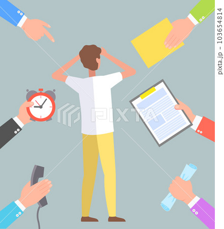 Excited man holds hands in front of face surrounded by hands holding business related items 103654814