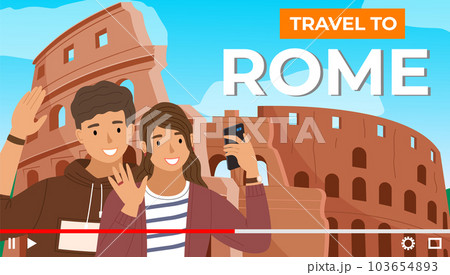 Happy smiling tourists shoot video on phone stand near historical landmark of italy coliseum 103654893