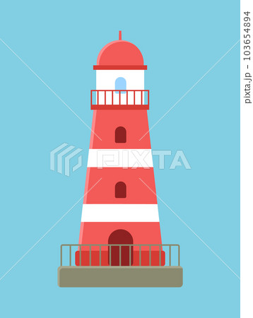 Red lighthouse ocean landscape. Searchlight tower for marine navigation guidance on blue background 103654894