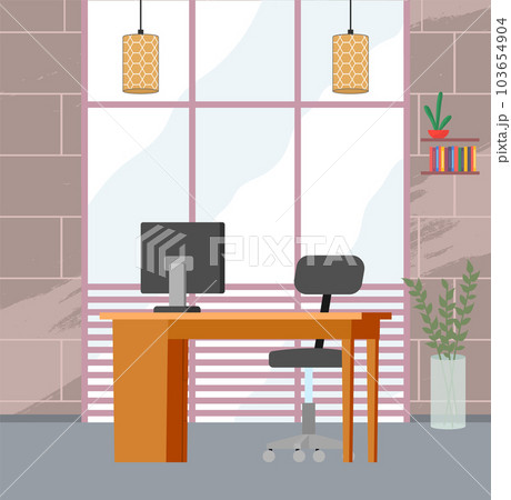 Modern workplace flat design. Office chair and office desk with stack of books in cozy room interior Modern workplace flat design. Office chair and office desk with stack of books in cozy room interior 103654904
