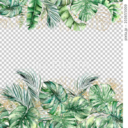 Border made with green and golden watercolor tropical leaves, isolated wedding illustration Border made with green and golden watercolor tropical leaves, isolated wedding illustration 103655009