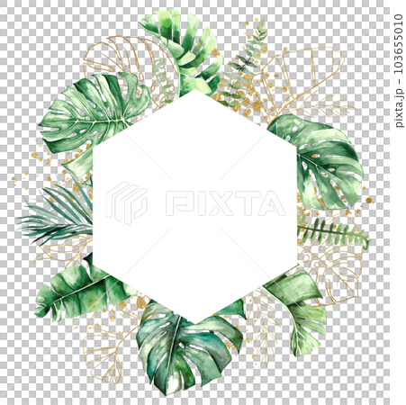 Frame made with green and golden watercolor tropical leaves, isolated wedding illustration Frame made with green and golden watercolor tropical leaves, isolated wedding illustration 103655010