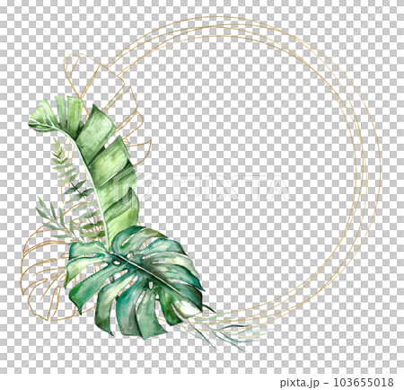 Frame made with green and golden watercolor tropical leaves, isolated wedding illustration Frame made with green and golden watercolor tropical leaves, isolated wedding illustration 103655018