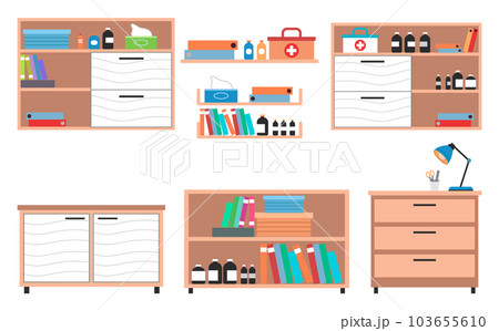 Medical cabinet or wardrobe for interior in clinic or hospital, shelves with bottles, first aid Medical cabinet or wardrobe for interior in clinic or hospital, shelves with bottles, first aid 103655610