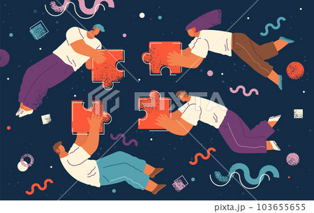People flying in abstract imaginary space organizing puzzle pieces and different geometric shapes 103655655