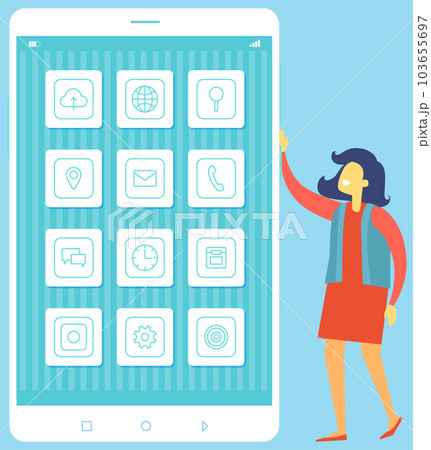 Touchscreen white smartphone with simple application icons. Mobile technology device cellphone Touchscreen white smartphone with simple application icons. Mobile technology device cellphone 103655697