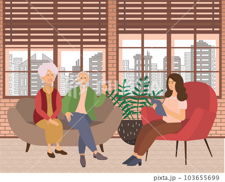 Psychiatrist consultation. Worried old pensioner couple man and woman on psychologist session Psychiatrist consultation. Worried old pensioner couple man and woman on psychologist session 103655699