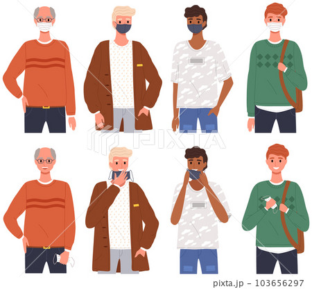Male characters wearing medical masks. Men are taking off their protective masks and smile 103656297