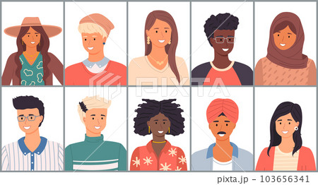 Set of avatars in flat design. Positive young people different nationalities. Stylish person faces Set of avatars in flat design. Positive young people different nationalities. Stylish person faces 103656341