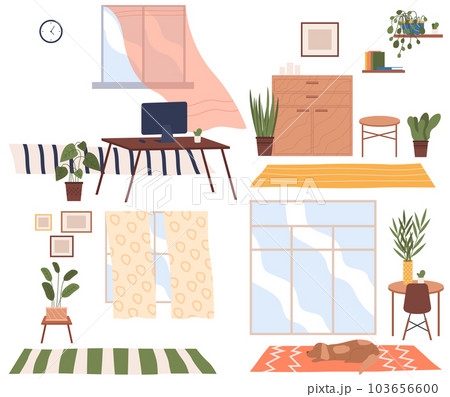 Cozy place of the room near window with chairs, table with plant in a pot, home interior scenes set 103656600
