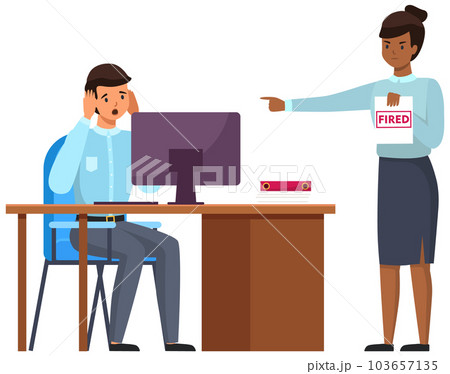Layoff concept. Woman boss dismissed employee. Unhappy fired man sitting at workplace at a table Layoff concept. Woman boss dismissed employee. Unhappy fired man sitting at workplace at a table 103657135