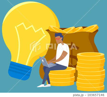 Business man sitting on big pile of stacked money and golden coins, planning investments activities 103657146