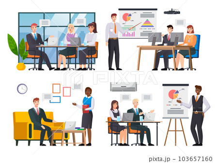 Office workers. Co-workers. Colleagues discuss project teamwork. Office staff work and communication Office workers. Co-workers. Colleagues discuss project teamwork. Office staff work and communication 103657160