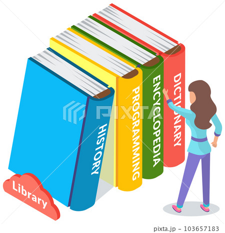 Woman chooses books in online library or bookstore, stand near stack of large multi-colored books Woman chooses books in online library or bookstore, stand near stack of large multi-colored books 103657183
