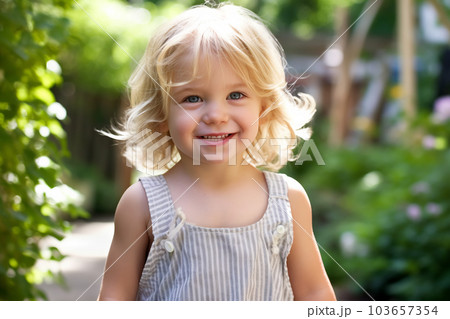 夏の庭で遊ぶブロンドヘアの外国人の女の子 AI生成画像 103657354