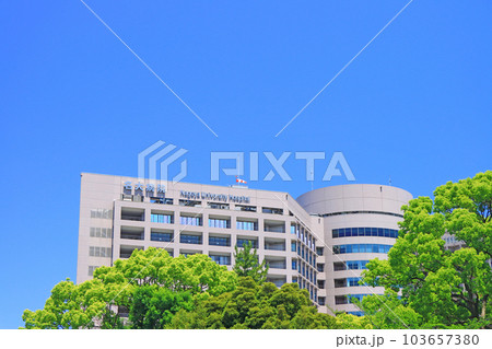 名古屋市、鶴舞公園の新緑と名大病院の風景 103657380