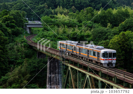 【紀勢本線】夕陽を浴び三瀬谷橋梁を渡る普通列車 103657792