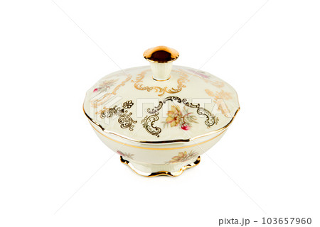 Porcelain box for candy or jewelry isolated on white background. German vintage porcelain. Porcelain box for candy or jewelry isolated on white background. German vintage porcelain. 103657960