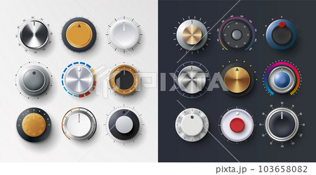 Volume knob. Round switch button. Audio dashboard tumblers with stereo music control scales. Realistic radio levels tuners. Recorder regulator for max power. Vector isolated dial exact elements set 103658082