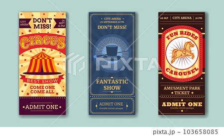 Circus carnival tickets. Vintage posters. Amusement show labels with clowns and funfair. Colorful fonts. Carousel pass. Illusionist performance. Cirque events. Vector invitation flyers design set 103658085
