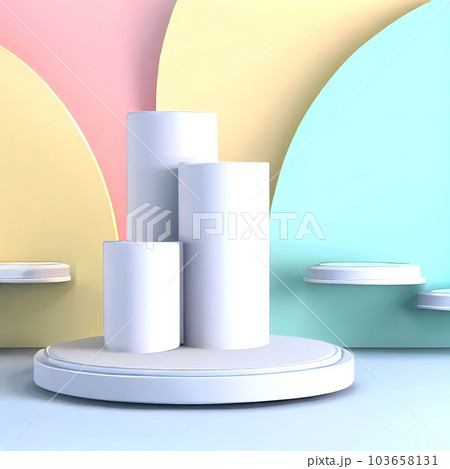 white realistic 3d cylinder pedestal podium with pastel yellow, blue and pink in semi circle backdrop. Abstract vector rendering geometric platform. Product display presentation white realistic 3d cylinder pedestal podium with pastel yellow, blue and pink in semi circle backdrop. Abstract vector rendering geometric platform. Product display presentation 103658131