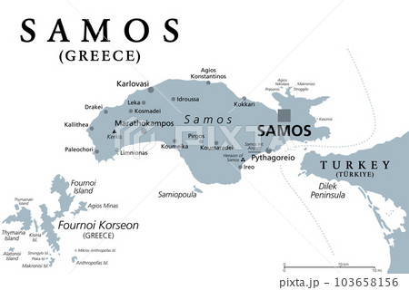 Samos, Greek island, gray political map. Island in eastern Aegean Sea, and separated of western Turkey coast by the Mycale Strait. Rich city-state in ancient times and the birthplace of Pythagoras. Samos, Greek island, gray political map. Island in eastern Aegean Sea, and separated of western Turkey coast by the Mycale Strait. Rich city-state in ancient times and the birthplace of Pythagoras. 103658156
